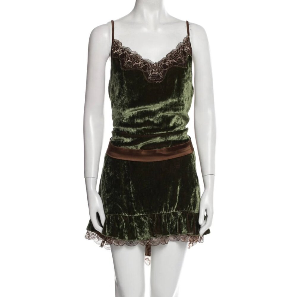 Vintage D&G Green Velvet Lace Mini Slip Dress